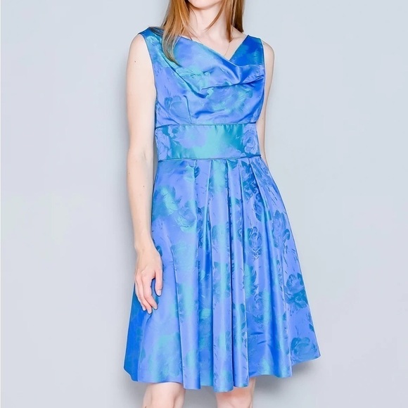 THEIA Floral Jacquard Sleeveless Pleated Dress in Blue Green Size 8 - Picture 2 of 14